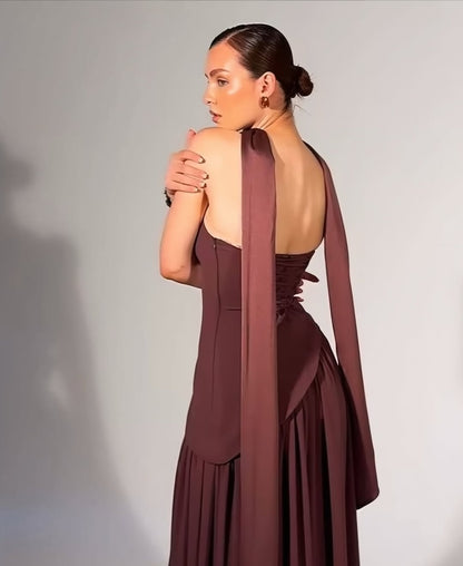 SP0324 Simple Brown Strapless Straight Pleated Formal Prom Dress with Scarf