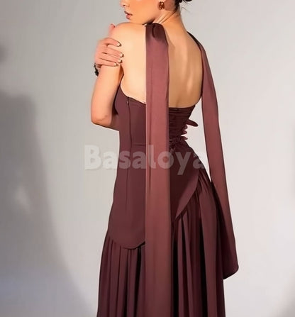 SP0324 Simple Brown Strapless Straight Pleated Formal Prom Dress with Scarf