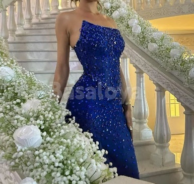 SP0230 Luxury Crystal Blue Strapless Bodycon Prom Dress Evening Gown