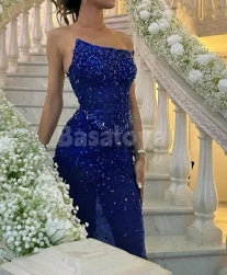 SP0230 Luxury Crystal Blue Strapless Bodycon Prom Dress Evening Gown