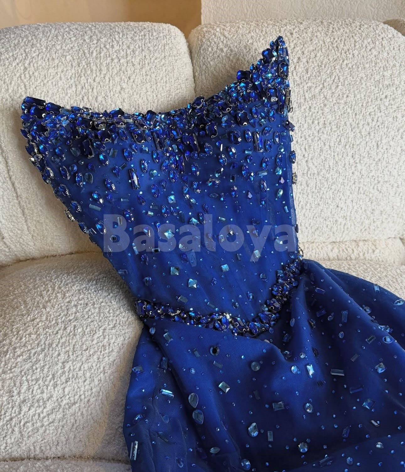 SP0230 Luxury Crystal Blue Strapless Bodycon Prom Dress Evening Gown