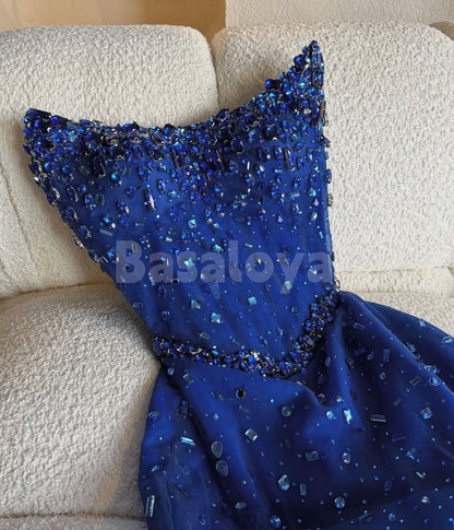 SP0230 Luxury Crystal Blue Strapless Bodycon Prom Dress Evening Gown