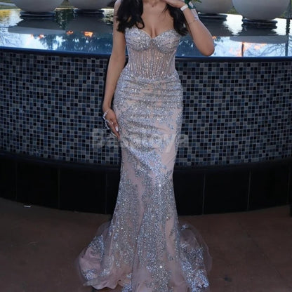 ED0028 Sparkly Silver Sweetheart Mermaid Sequined Evening Dress with Train
