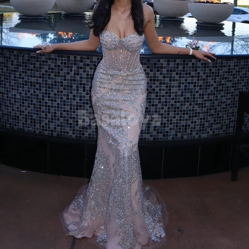 ED0028 Sparkly Silver Sweetheart Mermaid Sequined Evening Dress with Train