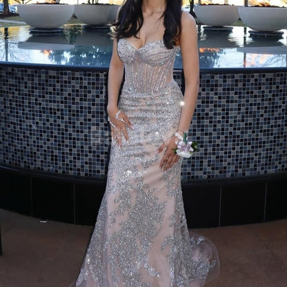 ED0028 Sparkly Silver Sweetheart Mermaid Sequined Evening Dress with Train