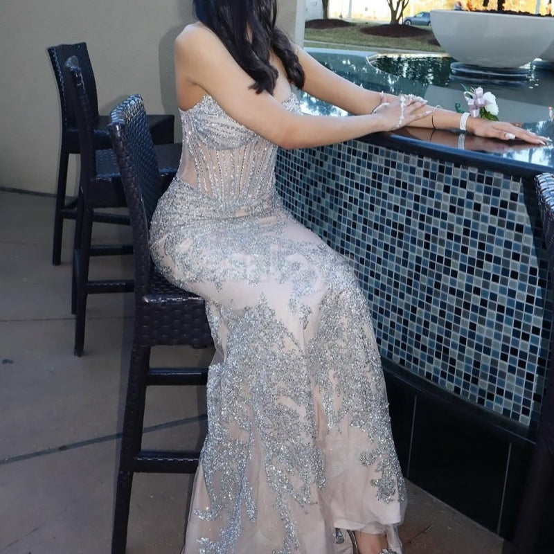 ED0028 Sparkly Silver Sweetheart Mermaid Sequined Evening Dress with Train