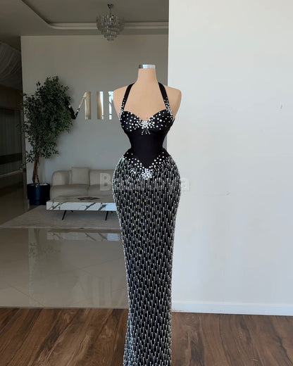 SP0050 Stunning Black Halter Neck Sheath Prom Dress Evening Gown with Pearls
