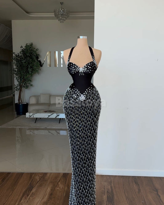 SP0050 Stunning Black Halter Neck Sheath Prom Dress Evening Gown with Pearls