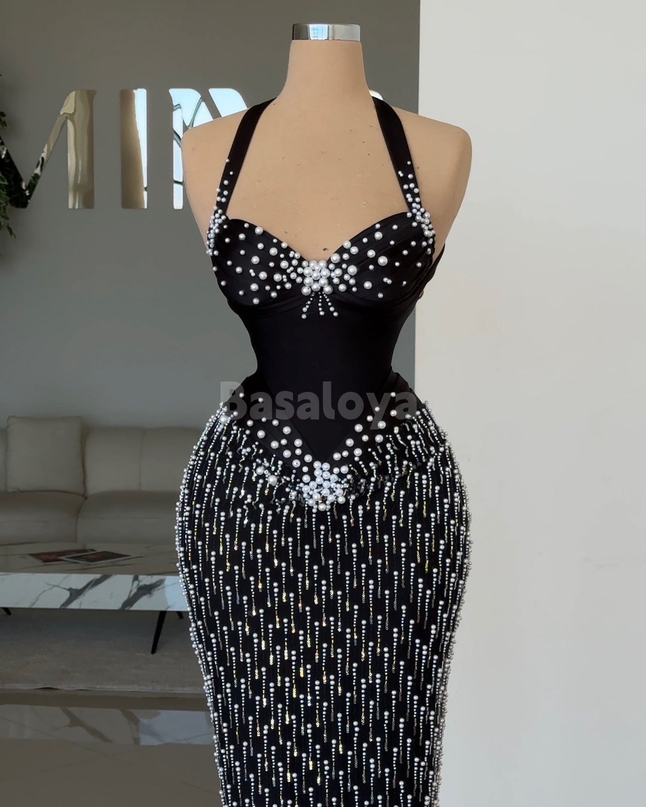 SP0050 Stunning Black Halter Neck Sheath Prom Dress Evening Gown with Pearls