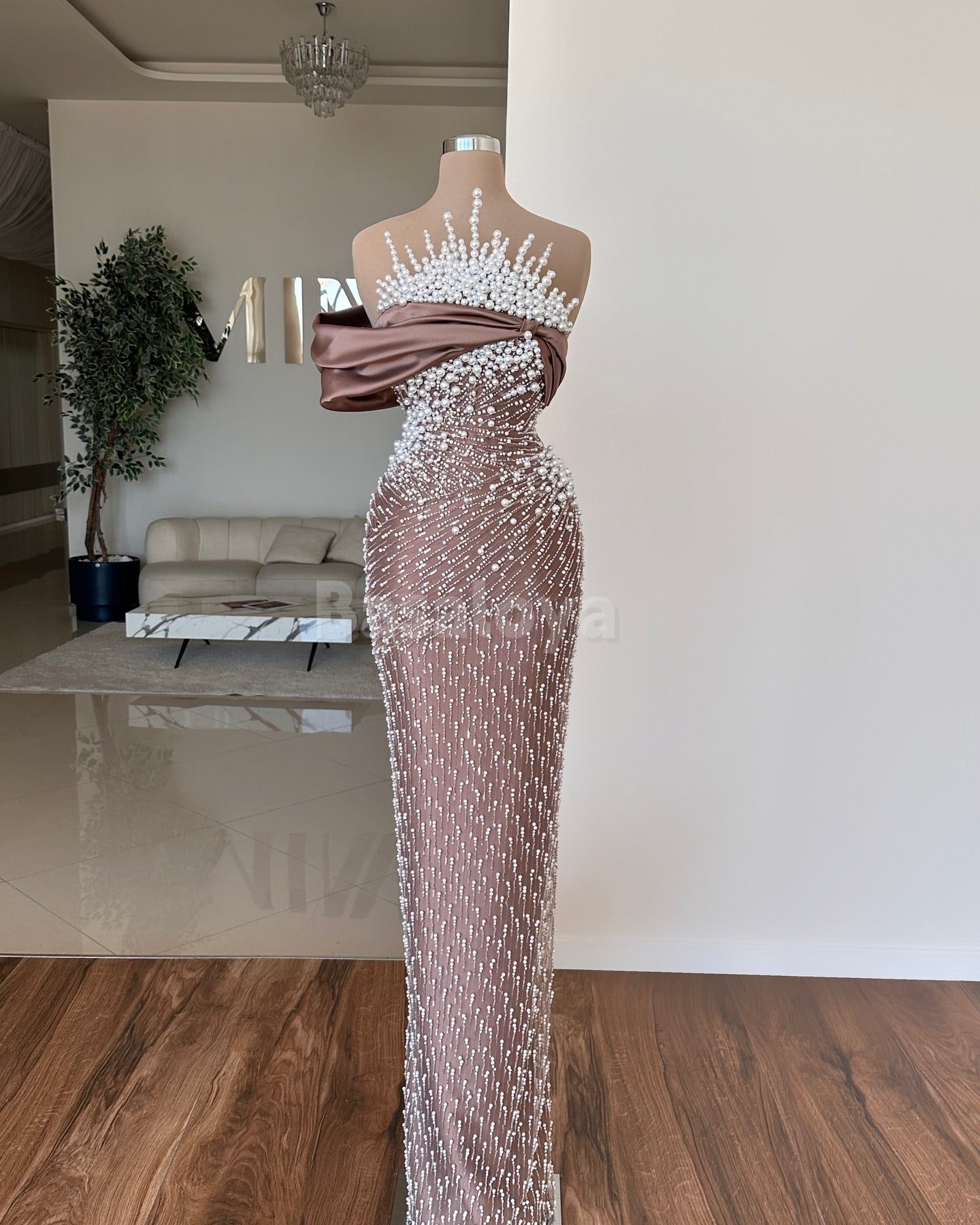 SP0051 Graceful Pearls One Shoulder Sheath Satin Long Prom Formal Dress