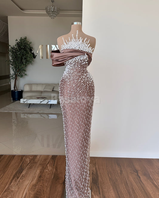 SP0051 Graceful Pearls One Shoulder Sheath Satin Long Prom Formal Dress