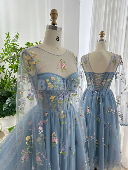 SP0321 Graceful Blue Long Sleeves A-Line Pleated Prom Dress with Floral