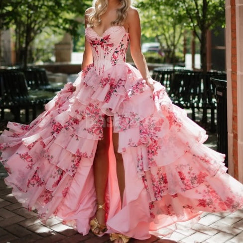 SP0041 Elegant Pink Printed Sweetheart A-Line Tiered Lace Prom Formal Gown