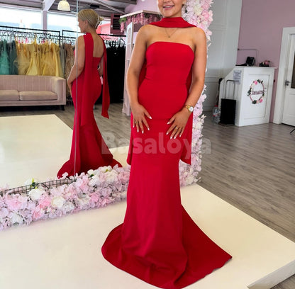 SP0311 Elegant Red Strapless Mermaid Satin Prom Formal Gown with Scarf