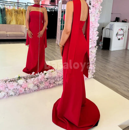 SP0311 Elegant Red Strapless Mermaid Satin Prom Formal Gown with Scarf