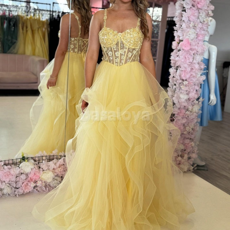 SP0042 Elegant 3D Floral Yellow Sweetheart A-Line Tiered Lace Prom Dress