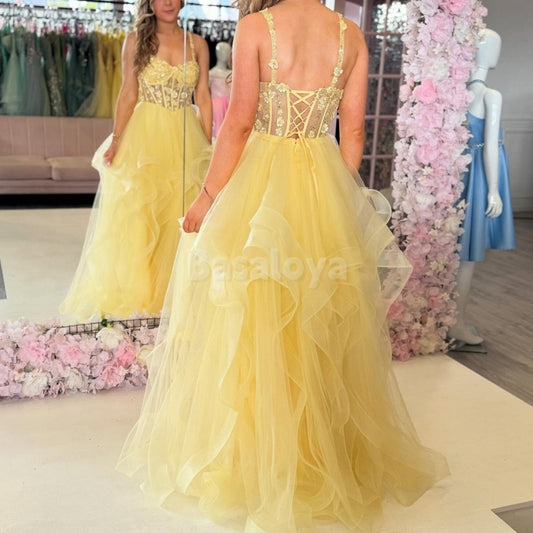 SP0042 Elegant 3D Floral Yellow Sweetheart A-Line Tiered Lace Prom Dress