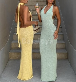 SP0317 Sexy Yellow Halter V-Neck Bodycon Long Maxi Dress Prom Dress