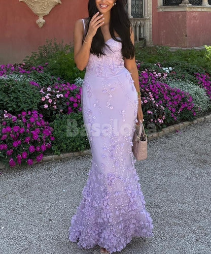 SP0318 Luxury 3D Floral Lilac Spaghetti Straps Mermaid Prom Dress