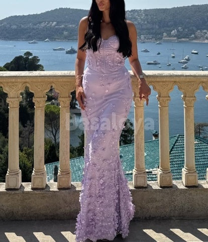 SP0318 Luxury 3D Floral Lilac Spaghetti Straps Mermaid Prom Dress