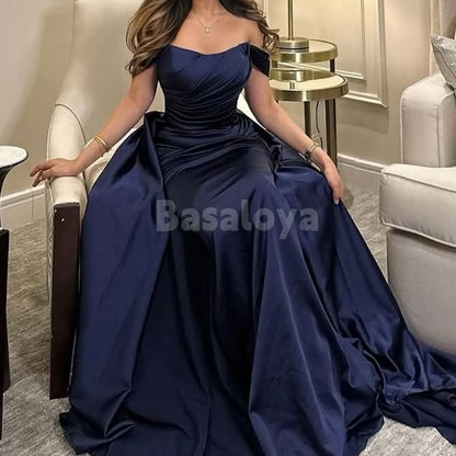 ED0029 Elegant Dark Navy Off-Shoulder Satin Evening Dress with Overskirt