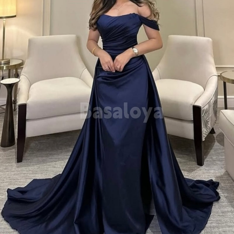 ED0029 Elegant Dark Navy Off-Shoulder Satin Evening Dress with Overskirt