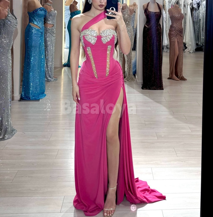 SP0301 Luxury Beaded Fuchsia One Shoulder Sheath Prom Dress with Slit