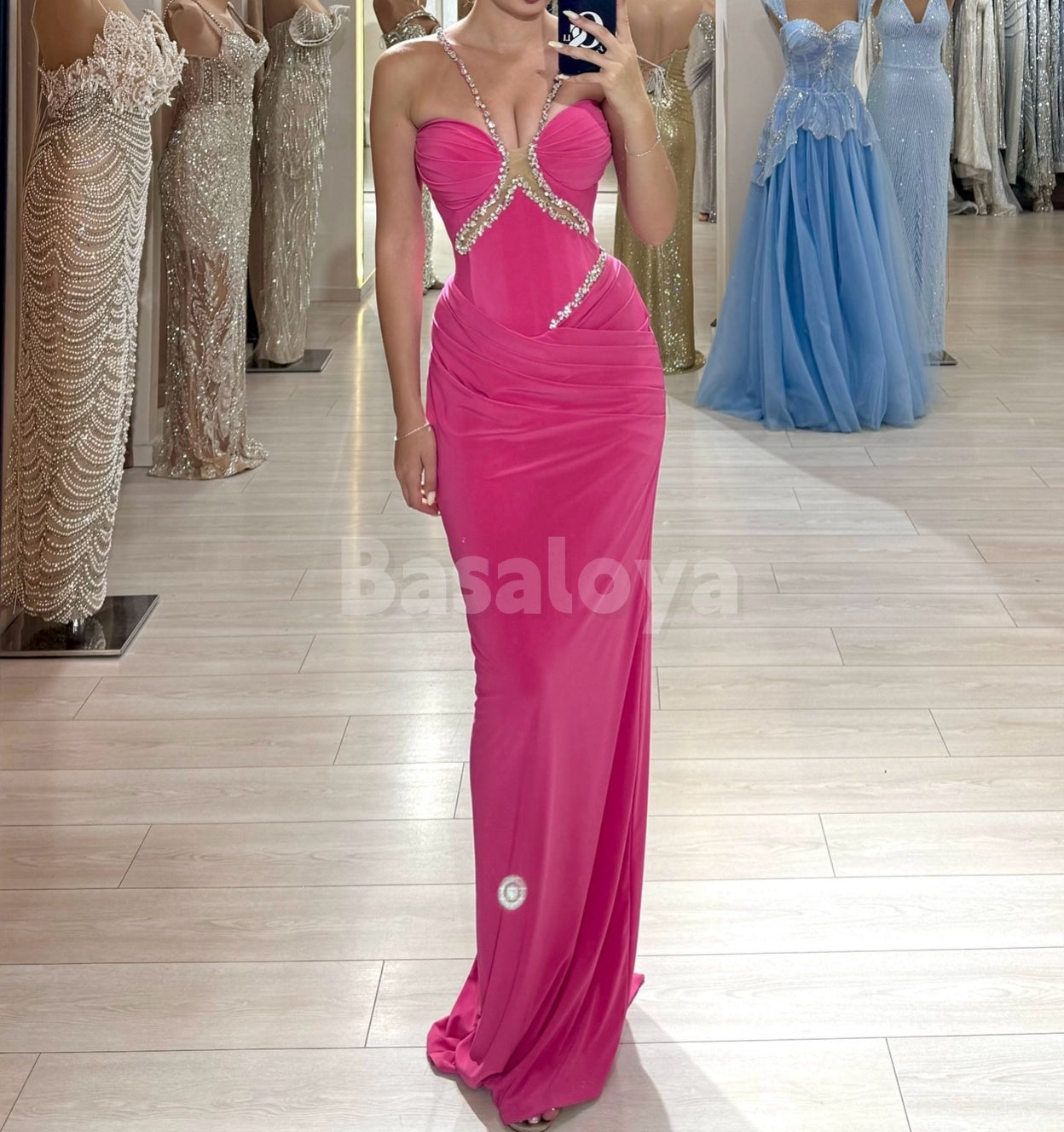 SP0302 Elegant Fuchsia Asymmetrical Bodycon Pleated Prom Dress with Beads