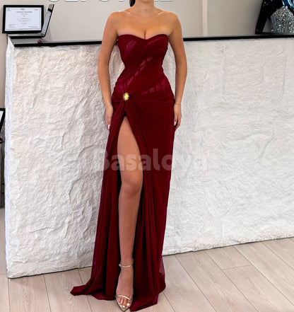 SP0306 Classic Burgundy Strapless Sheath High Slit Prom Dress with Cape