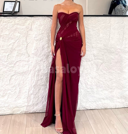 SP0306 Classic Burgundy Strapless Sheath High Slit Prom Dress with Cape
