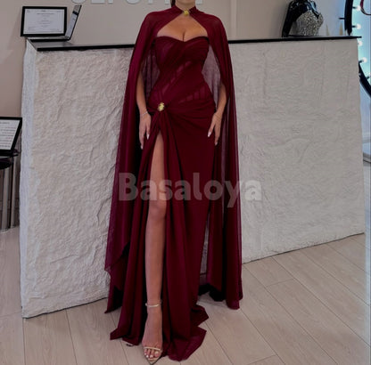 SP0306 Classic Burgundy Strapless Sheath High Slit Prom Dress with Cape