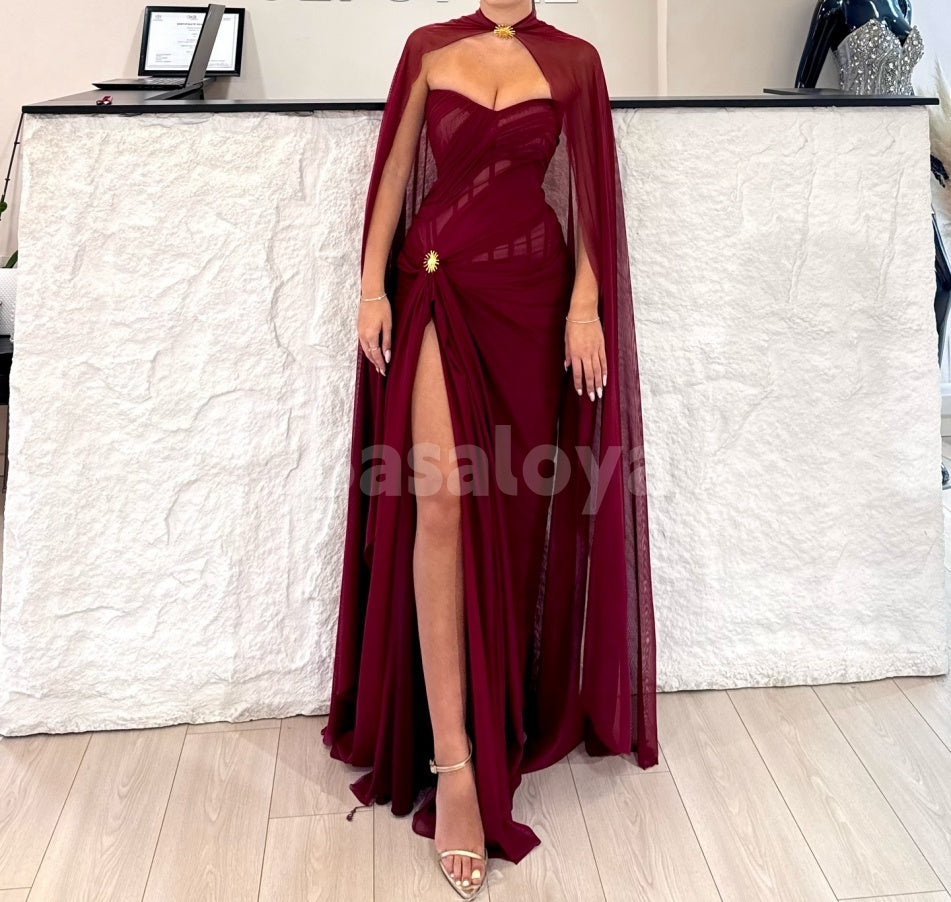SP0306 Classic Burgundy Strapless Sheath High Slit Prom Dress with Cape