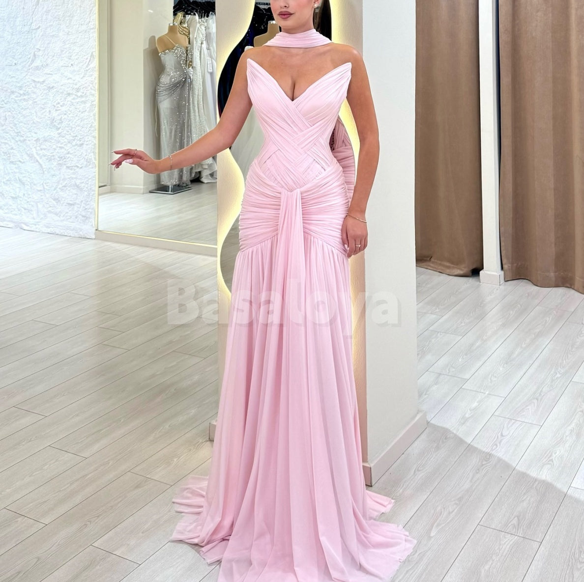 SP0305 Elegant Pink V-Neck Straight Draped Long Maxi Dress Prom Dress