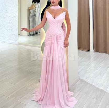 SP0305 Elegant Pink V-Neck Straight Draped Long Maxi Dress Prom Dress