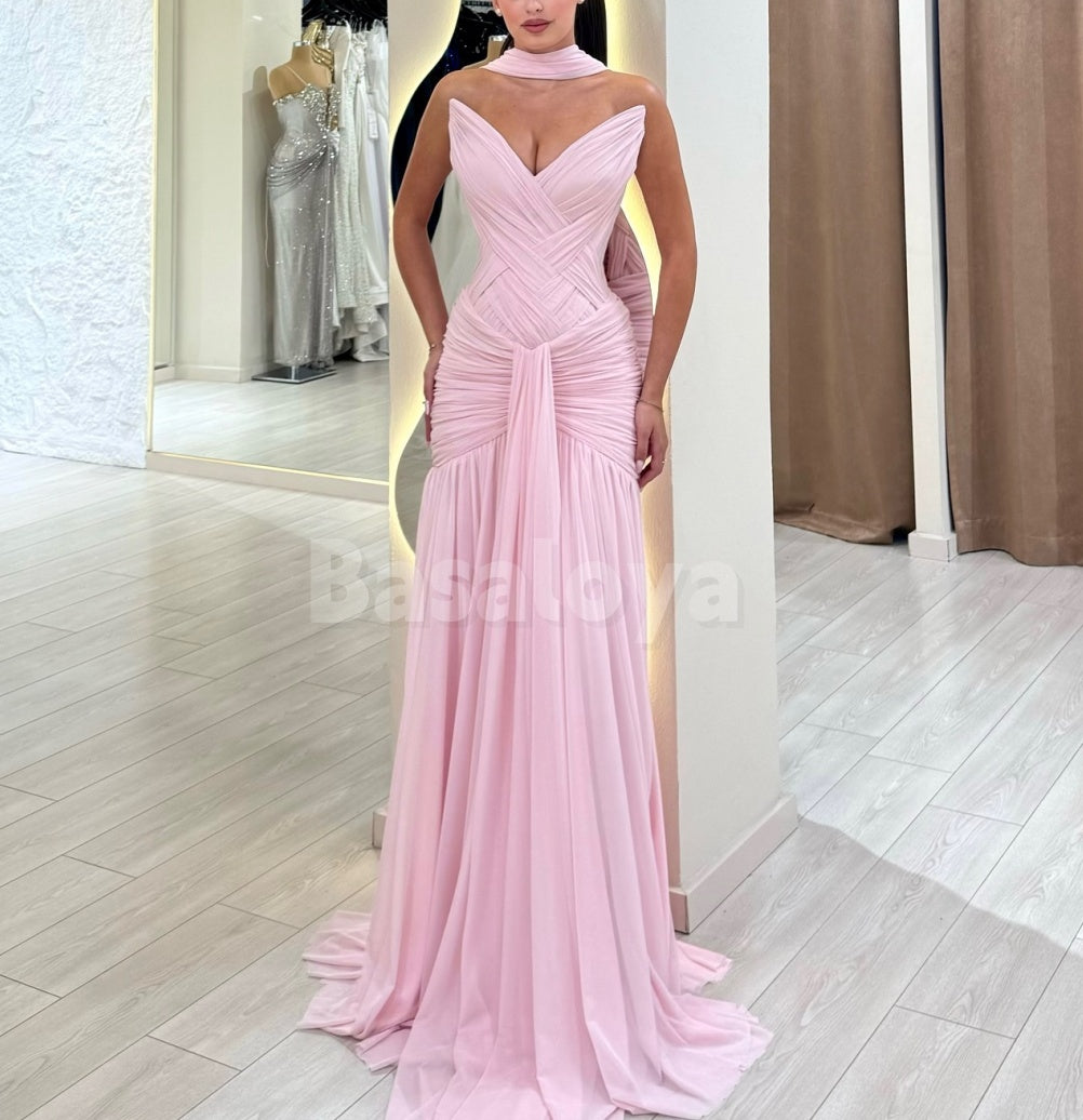 SP0305 Elegant Pink V-Neck Straight Draped Long Maxi Dress Prom Dress