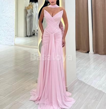 SP0305 Elegant Pink V-Neck Straight Draped Long Maxi Dress Prom Dress