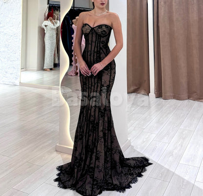 SP0308 Elegant Black Sweetheart Mermaid Lace Prom Dress with Train