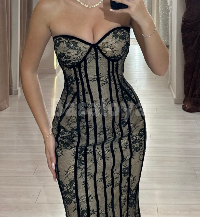 SP0308 Elegant Black Sweetheart Mermaid Lace Prom Dress with Train