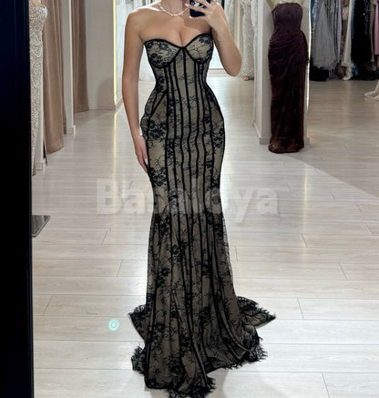 SP0308 Elegant Black Sweetheart Mermaid Lace Prom Dress with Train