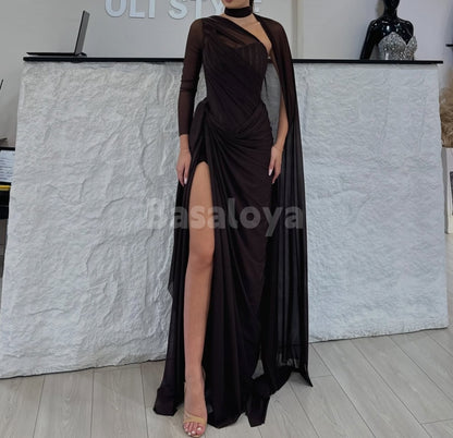 SP0309 Graceful Black One Shoulder Pleats Formal Prom Dress with Cape