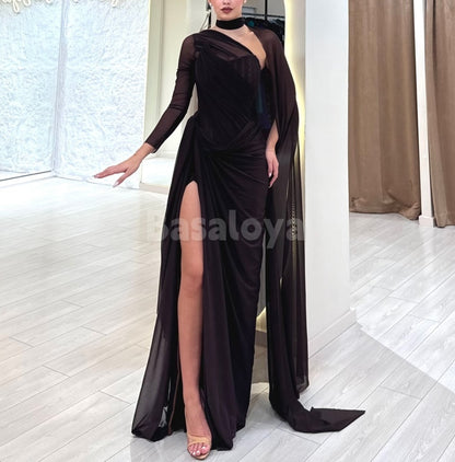 SP0309 Graceful Black One Shoulder Pleats Formal Prom Dress with Cape