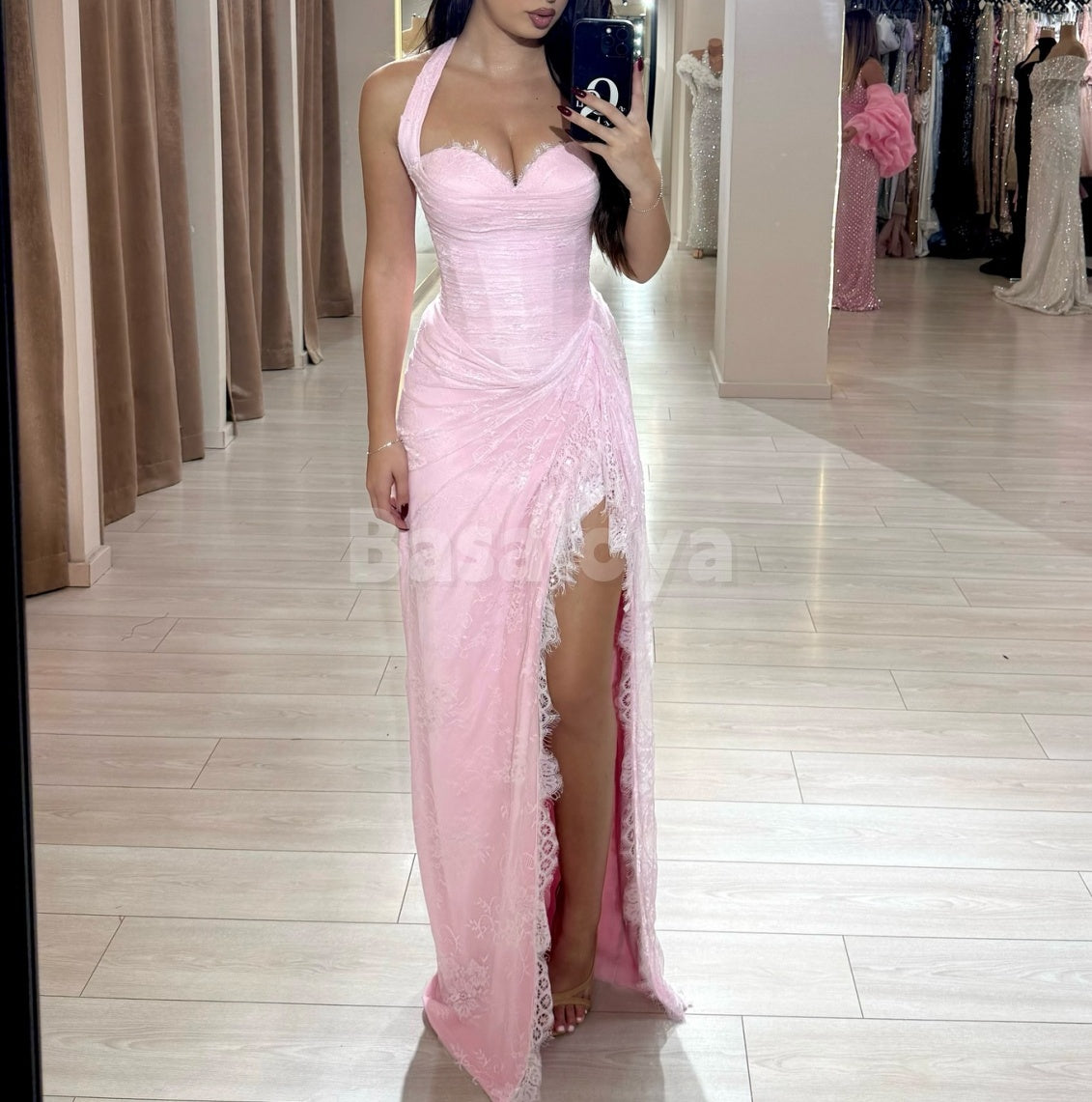SP0310 Elegant Pink Sweetheart Sheath Pleats Lace Prom Dress with Slit