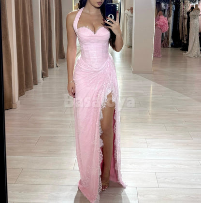 SP0310 Elegant Pink Sweetheart Sheath Pleats Lace Prom Dress with Slit