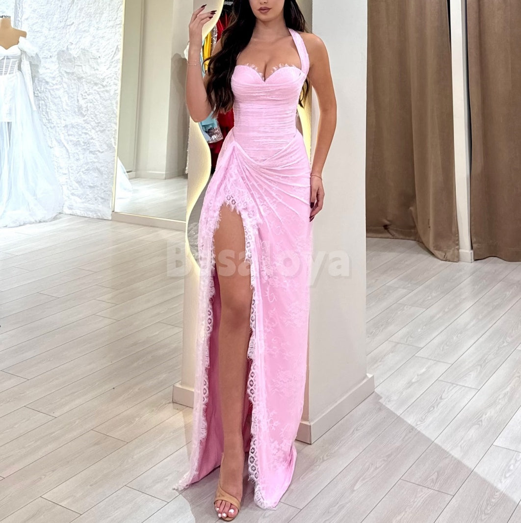 SP0310 Elegant Pink Sweetheart Sheath Pleats Lace Prom Dress with Slit