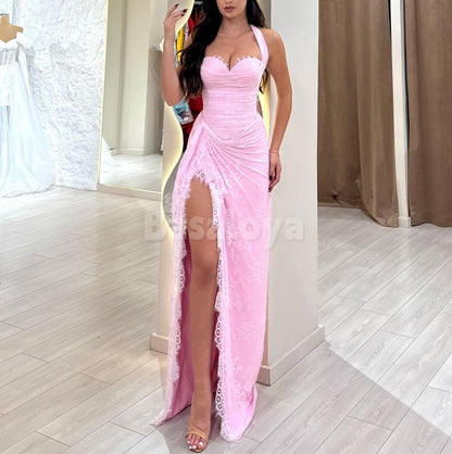 SP0310 Elegant Pink Sweetheart Sheath Pleats Lace Prom Dress with Slit