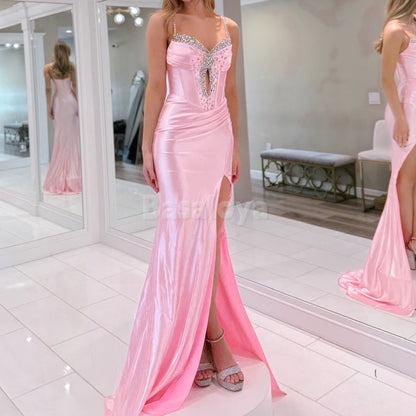 SP0011 Elegant Crystal Pink Spagehtti Straps Sheath Satin Prom Dress with Slit