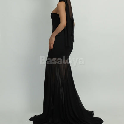 ED0013 Elegant Black Tube Top Sleeveless Mermaid Chiffon Evening Dress with Scarf