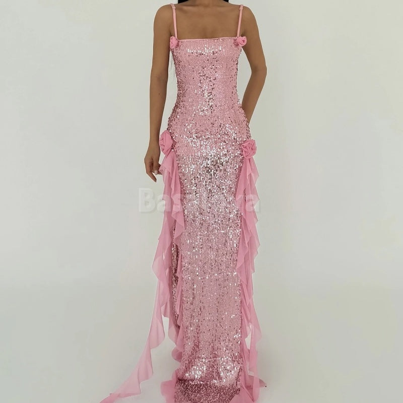 SP0022 Sparkly 3D Floral Pink Spaghetti Straps Sequined Prom Dress with Slit