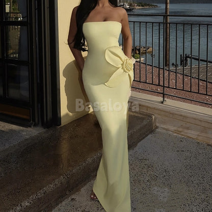 SP0023 Elegant 3D Floral Blue Strapless Sheath Satin Prom Dress with Slit