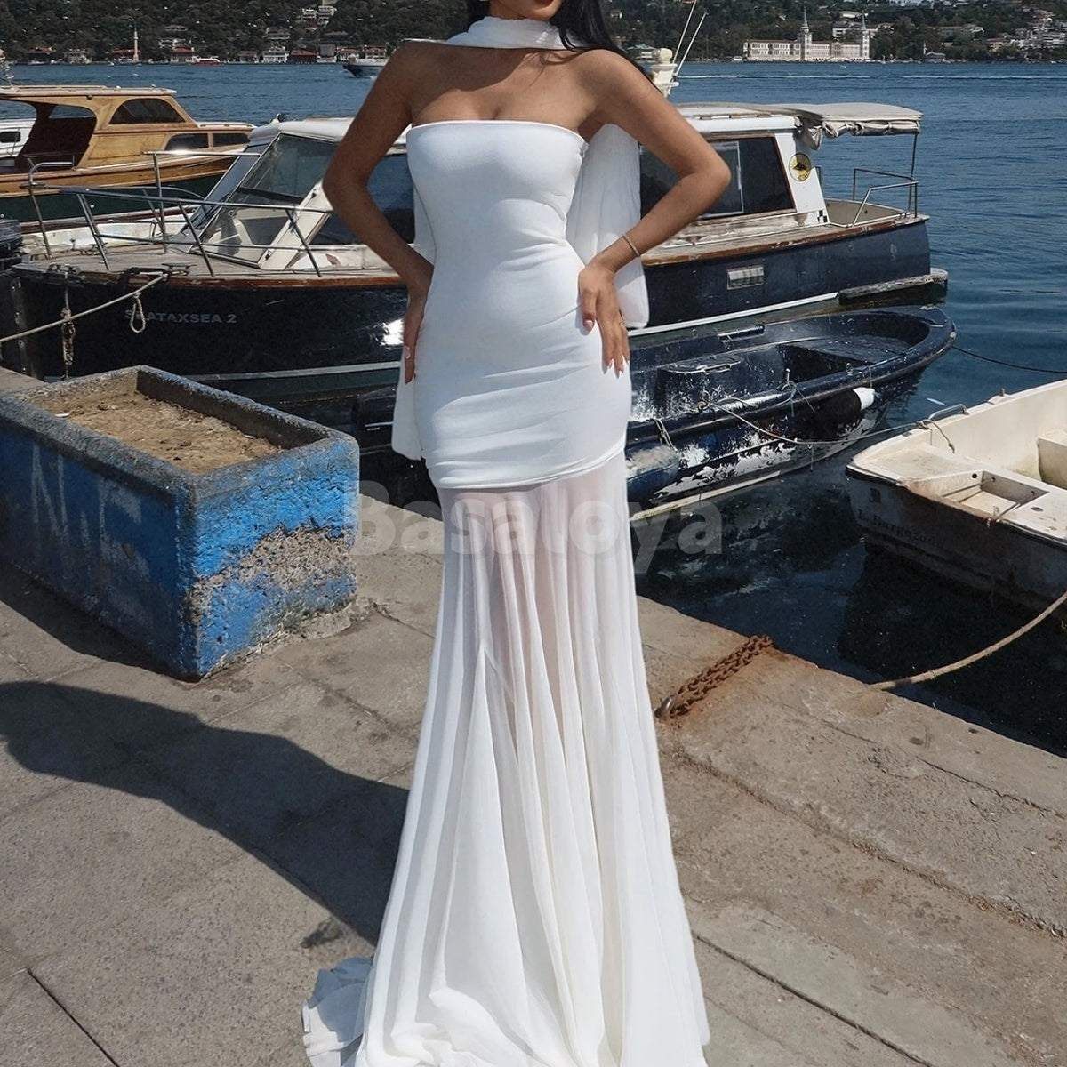 ED0013 Elegant Black Tube Top Sleeveless Mermaid Chiffon Evening Dress with Scarf